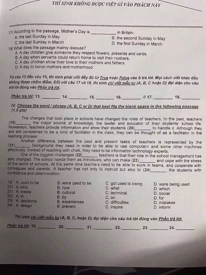 Đề thi tuyển sinh vào lớp 10 môn Anh, TPHCM năm 2020. Trang 3/4
