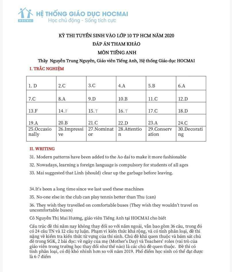 Đáp án tham kháo đề thi tuyển sinh vào lớp 10 môn tiếng Anh, TP.HCM năm 2020