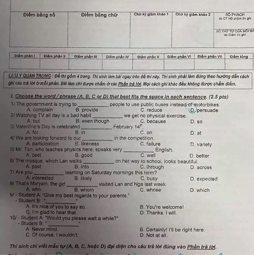 Đề thi tuyển sinh vào lớp 10 môn Anh, TPHCM năm 2020. Trang 1/4