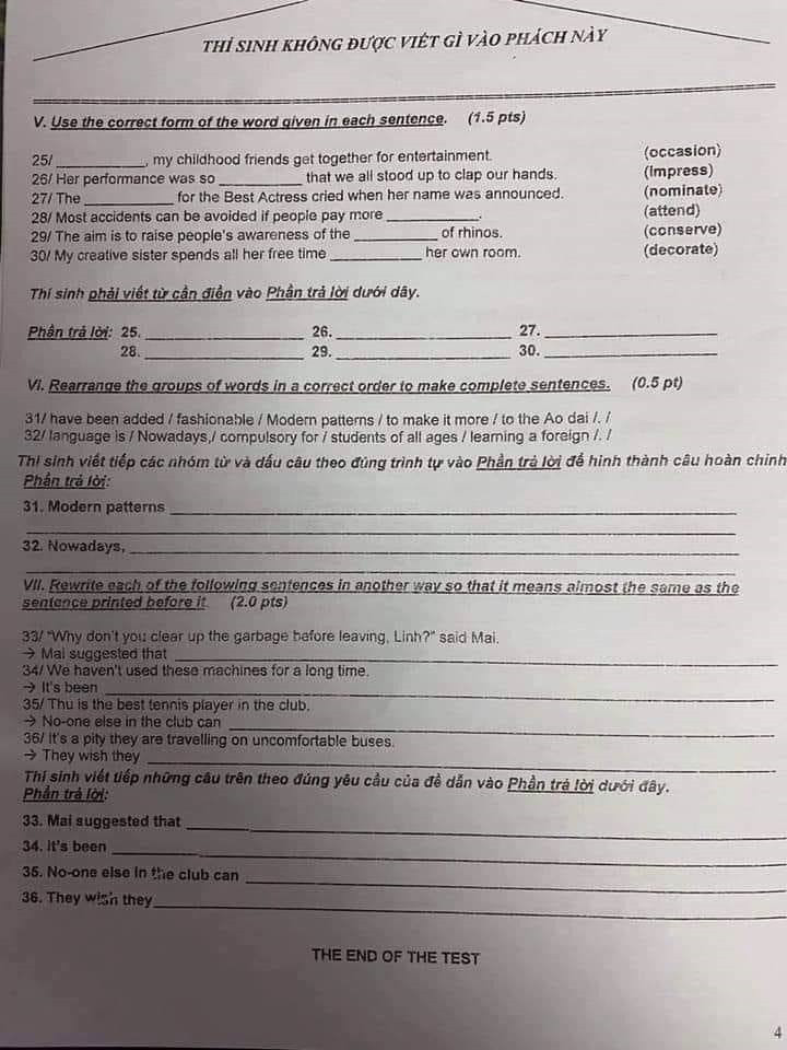 Đề thi tuyển sinh vào lớp 10 môn Anh, TPHCM năm 2020. Trang 4/4