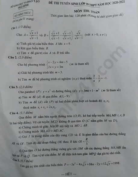 Đề thi tuyển sinh vào lớp 10 môn Toán tỉnh Thái Bình năm 2020. Nguồn: TTHN