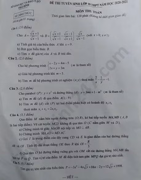 Đề thi tuyển sinh vào lớp 10 môn Toán tỉnh Thái Bình năm 2020. Nguồn: TTHN