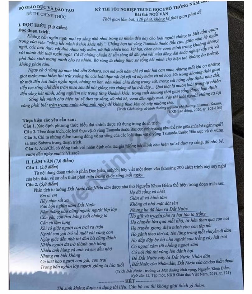 Đề thi tốt nghiệp THPT năm 2020 môn Ngữ Văn. Nguồn: TTHN