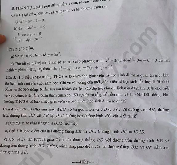 Đề thi tuyển sinh vào lớp 10 môn Toán TP Cần Thơ năm 2020. Nguồn: TTHN