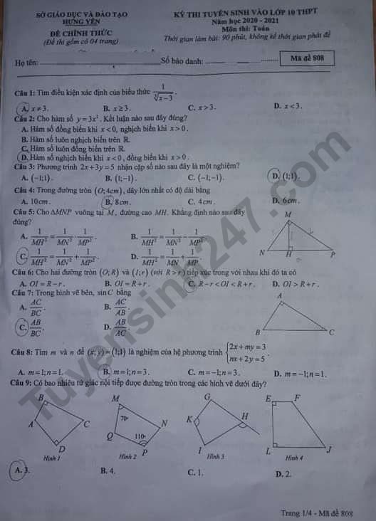 Đáp án đề thi vào lớp 10 môn Toán tỉnh Hưng Yên - Trang 1/4
