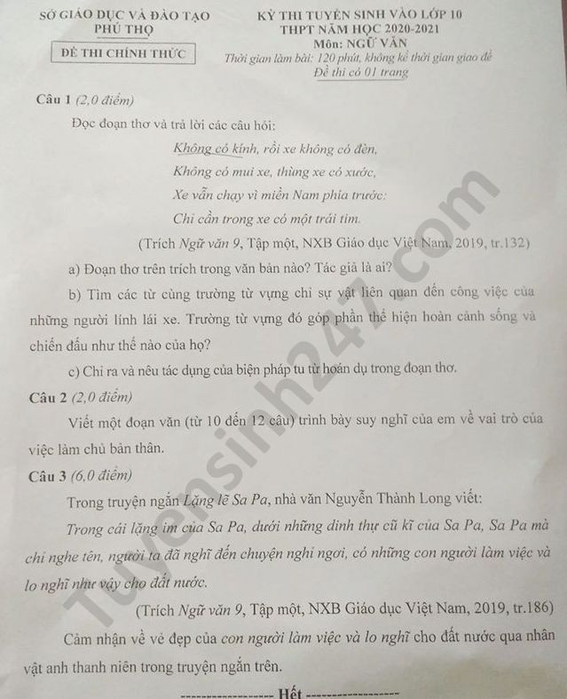 Đề thi tuyển sinh vào lớp 10 môn Văn tỉnh Phú Thọ năm 2020. Nguồn: TTHN