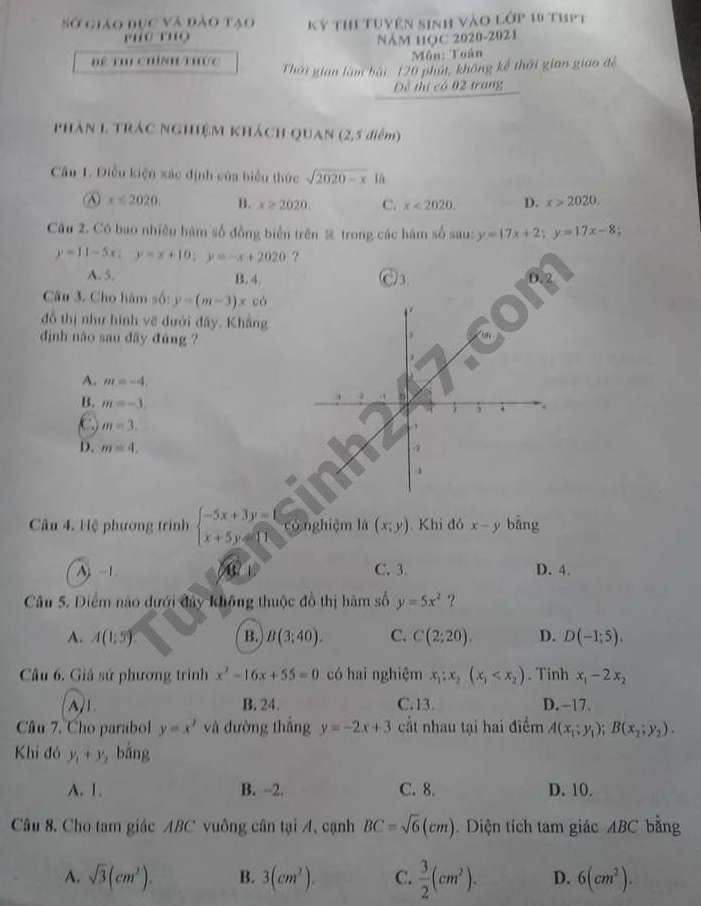 Đề thi tuyển sinh vào lớp 10 môn Toán tỉnh Phú Thọ năm 2020. Nguồn: TTHN