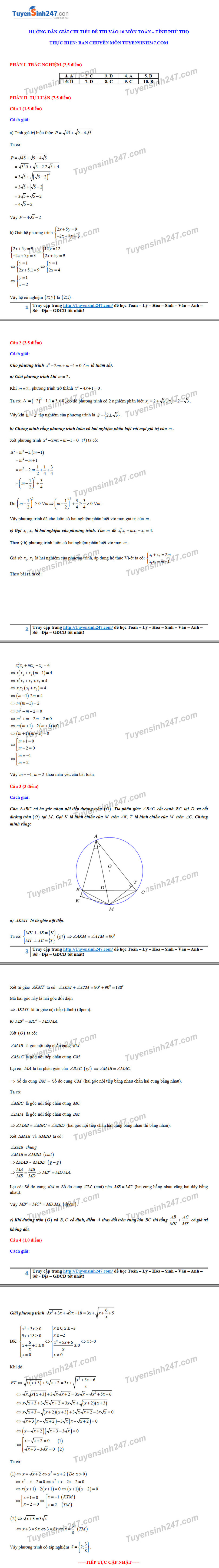 Đáp án tham khảo đề thi tuyển sinh vào lớp 10 môn Toán tỉnh Phú Thọ năm 2020. Nguồn: TTHN