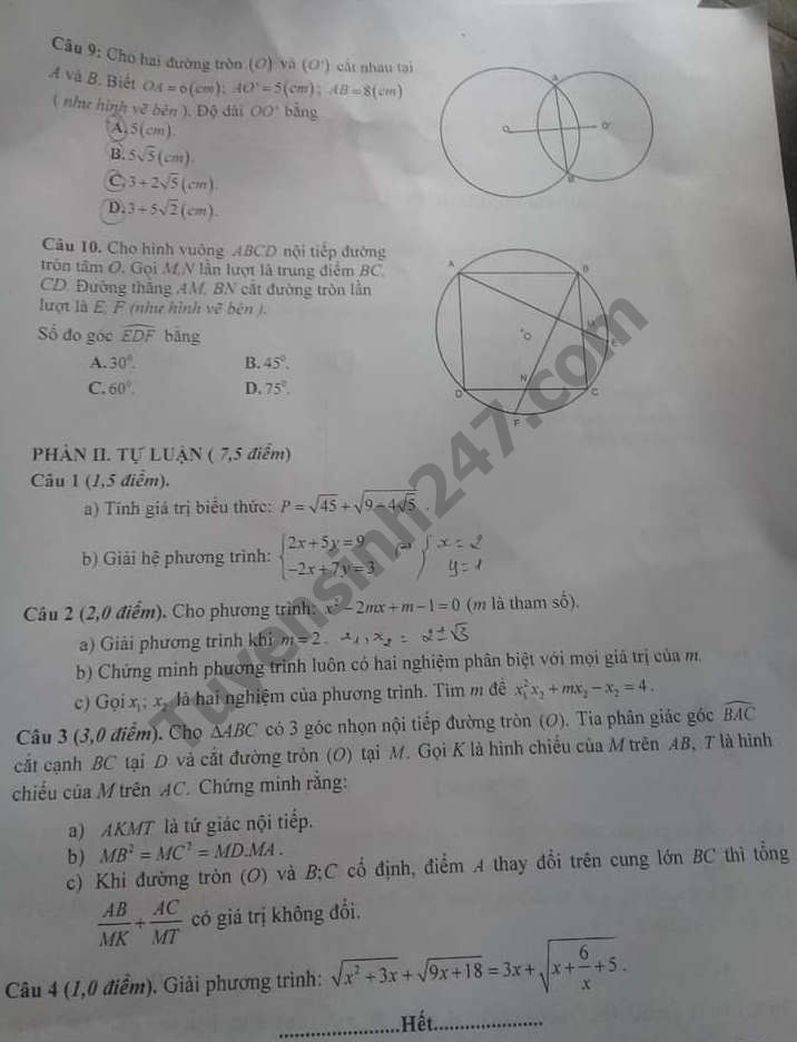 Đề thi tuyển sinh vào lớp 10 môn Toán tỉnh Phú Thọ năm 2020. Nguồn: TTHN