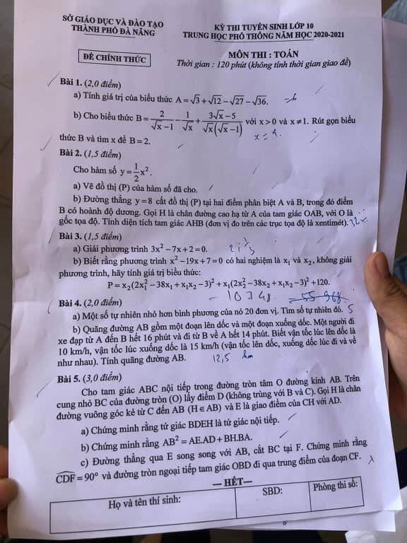 Đề thi tuyển sinh vào lớp 10 môn Toán TP Đà Nẵng năm 2020