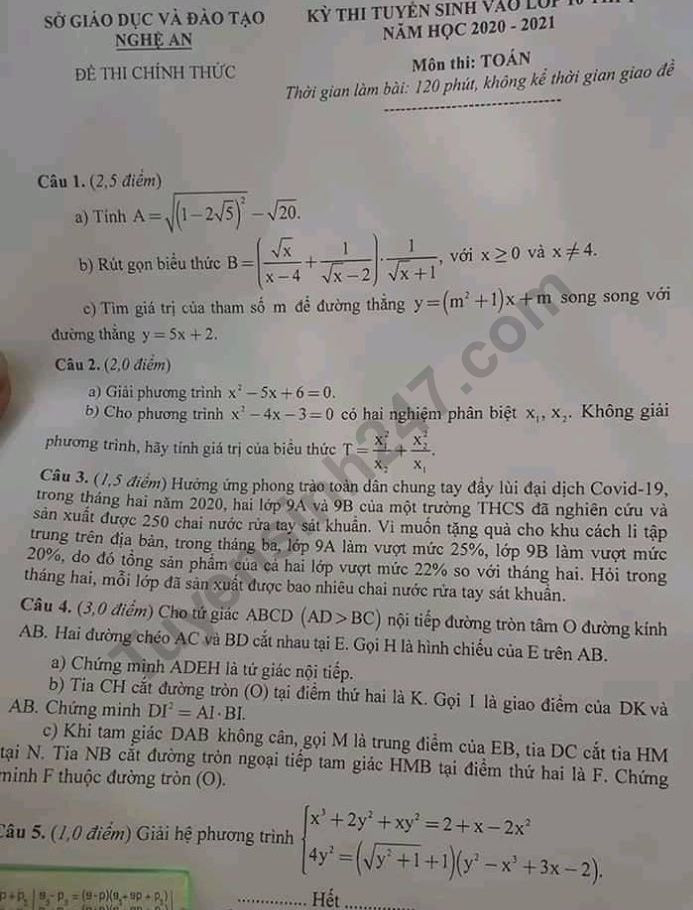 Đề thi tuyển sinh vào lớp 10 môn Toán tỉnh Nghệ An năm 2020. Nguồn: TTHN