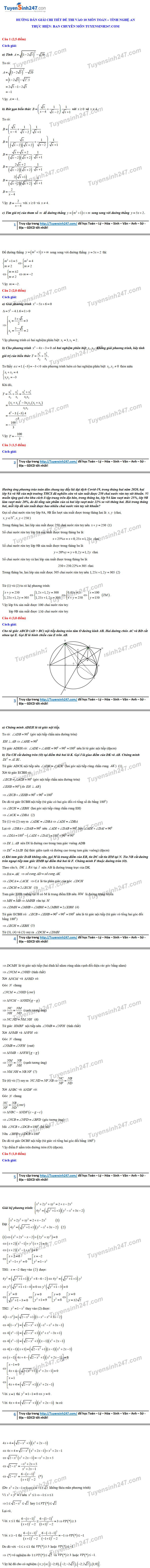 Đáp án tham khảo đề thi tuyển sinh vào lớp 10 môn Toán tỉnh Nghệ An năm 2020. Nguồn: TTHN
