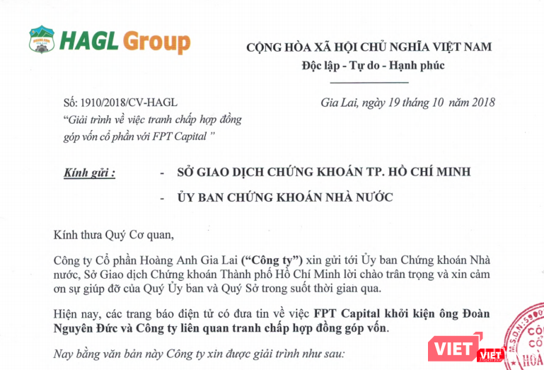 Văn bản HAGL giải trình gửi Ủy ban CKNN và Sở GDCK TP. HCM