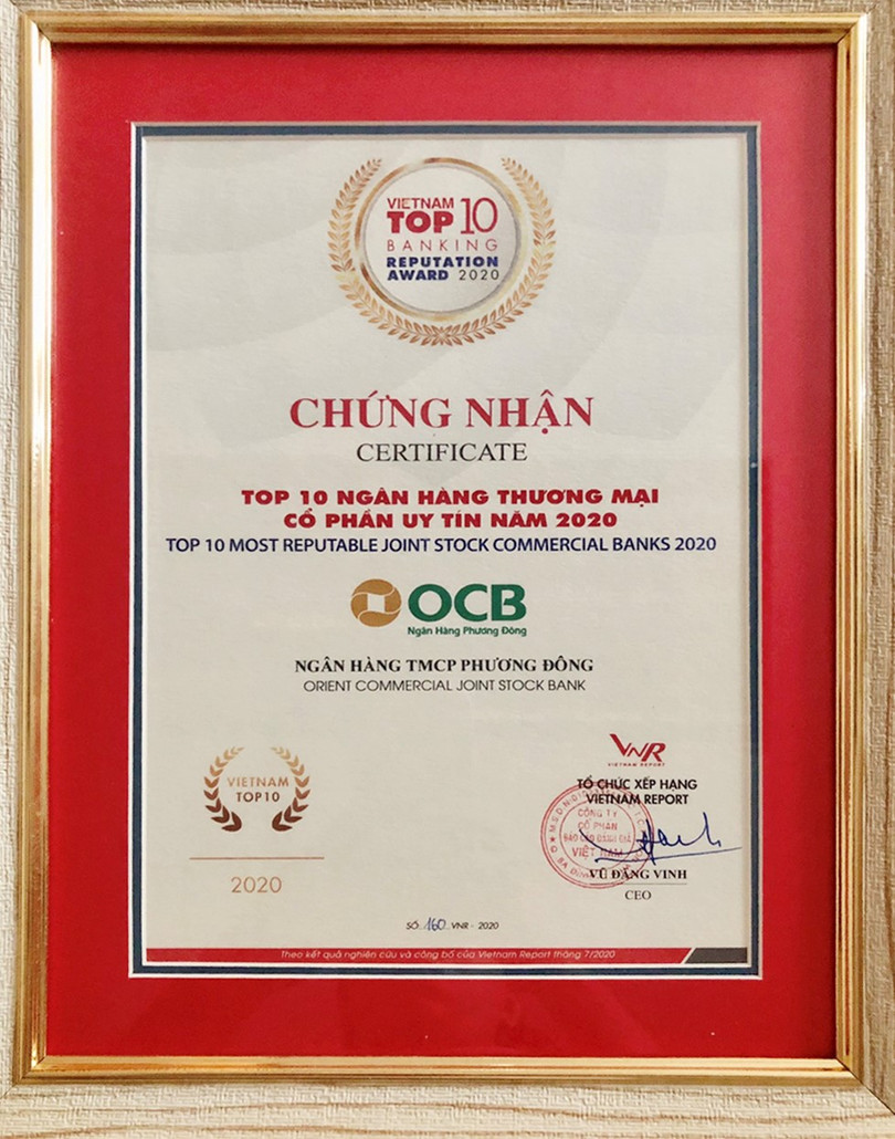 OCB được vinh danh Top 10 Ngân hàng thương mại Việt Nam uy tín năm 2020