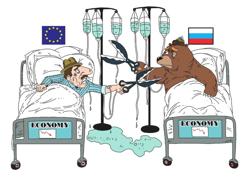 Tranh biếm họa về ảnh hưởng kinh tế của EU và Nga sau khi Mỹ và châu Âu áp dụng các lệnh trừng phạt. Tranh biếm họa về ảnh hưởng kinh tế của EU và Nga sau khi Mỹ và châu Âu áp dụng các lệnh trừng phạt.