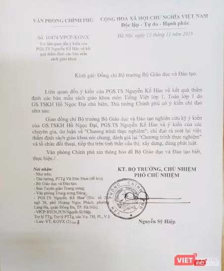 Văn bản truyền đạt ý kiến của Thủ tướng Chính phủ Nguyễn Xuân Phúc gửi Bộ trưởng Bộ GD&ĐT