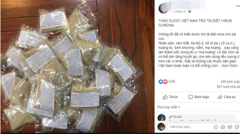 Thảo dược diệt virus được quảng cáo trên mạng (Ảnh chụp màn hình)