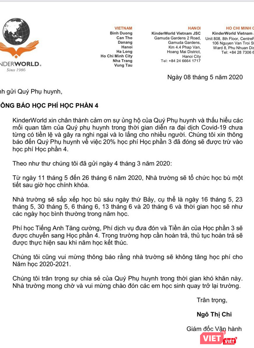 Thông báo học phí học phần 4 do bà Ngô Thị Chi - Giám đốc Vận hành khu vực miền Bắc Trường Quốc tế Singapore gửi đến phụ huynh học sinh. Ảnh: Phụ huynh cung cấp
