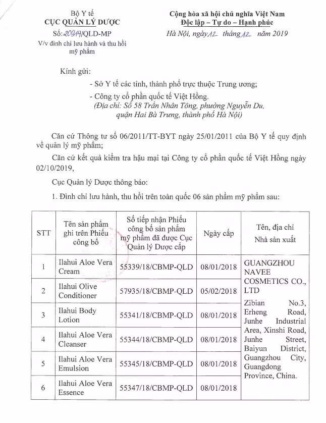 Danh sách 6 sản phẩm mỹ phẩm bị thu hồi Danh sách 6 sản phẩm mỹ phẩm bị thu hồi