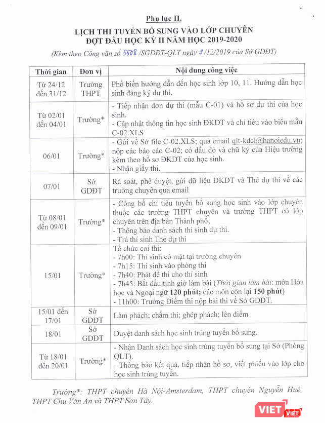 Lịch thi tuyển bổ sung vào lớp chuyên năm học 2019-2020