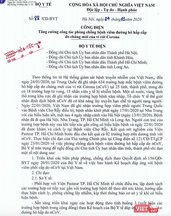 Công điện hỏa tốc của Bộ Y tế. Ảnh: Minh Thúy Công điện hỏa tốc của Bộ Y tế. Ảnh: Minh Thúy