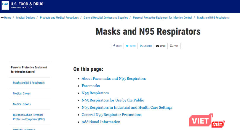 Thông tin về khẩu trang N95 trên trang web của Cục quản lý Thực phẩm và Dược phẩm Hoa Kỳ (The Food and Drug Administration - FDA). Ảnh: Minh Thúy
