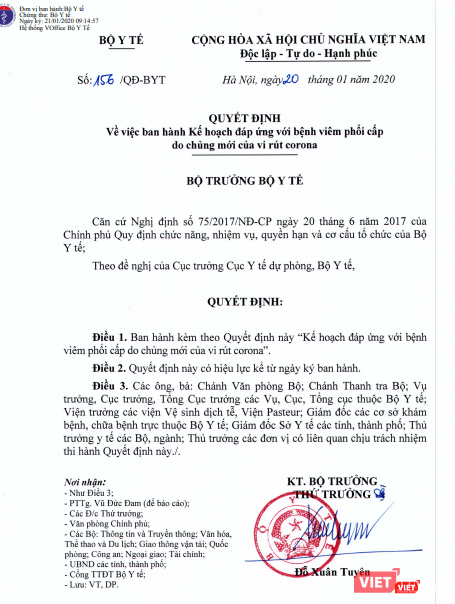 Bộ Y tế ban hành kế hoạch đáp ứng với bệnh viêm phổi cấp do chủng virus corona mới gây ra. Ảnh: Minh Thúy Bộ Y tế ban hành kế hoạch đáp ứng với bệnh viêm phổi cấp do chủng virus corona mới gây ra. Ảnh: Minh Thúy