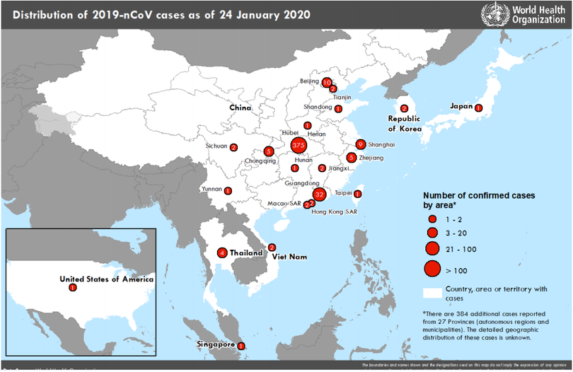 Các quốc gia, vùng lãnh thổ, khu vực có các trường hợp được xác nhận nhiễm nCoV tính đến ngày 24/1. Ảnh: WHO Các quốc gia, vùng lãnh thổ, khu vực có các trường hợp được xác nhận nhiễm nCoV tính đến ngày 24/1. Ảnh: WHO