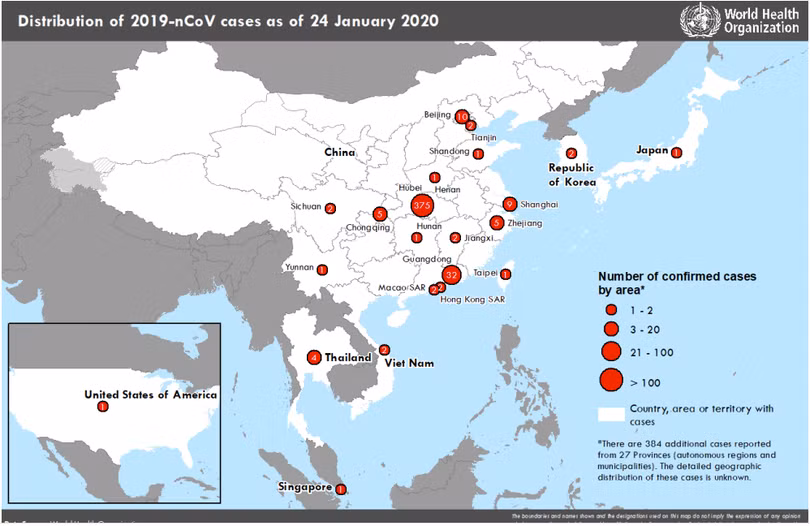 Các quốc gia, vùng lãnh thổ, khu vực có các trường hợp được xác nhận nhiễm nCoV tính đến ngày 24/1. Ảnh: WHO
