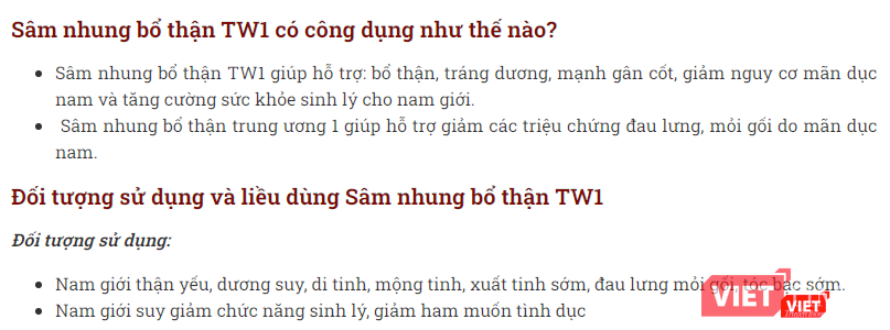 Quảng cáo thực phẩm bảo vệ sức khỏe Tinh sâm nhung bổ thận Dược liệu TW1. Ảnh: https://dongynguyenvanlieu.com/sam-nhung-bo-than-tw1 Quảng cáo thực phẩm bảo vệ sức khỏe Tinh sâm nhung bổ thận Dược liệu TW1. Ảnh: https://dongynguyenvanlieu.com/sam-nhung-bo-than-tw1