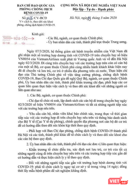 Công văn hỏa tốc của Ban Chỉ đạo Quốc gia phòng, chống dịch COVID-19. Ảnh: Minh Thúy Công văn hỏa tốc của Ban Chỉ đạo Quốc gia phòng, chống dịch COVID-19. Ảnh: Minh Thúy