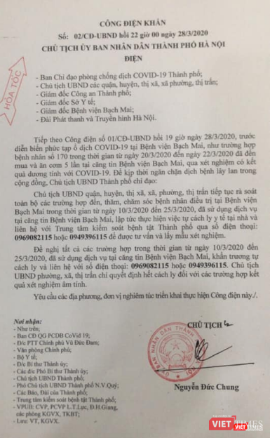 Công điện khẩn của Chủ tịch UBND TP. Hà Nội. Ảnh: Minh Thúy