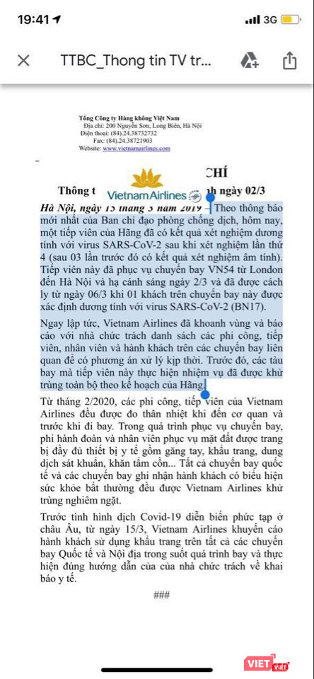 Vietnam Airlines thông tin về trường hợp nữ tiếp viên mắc COVID-19. Ảnh: Minh Thúy