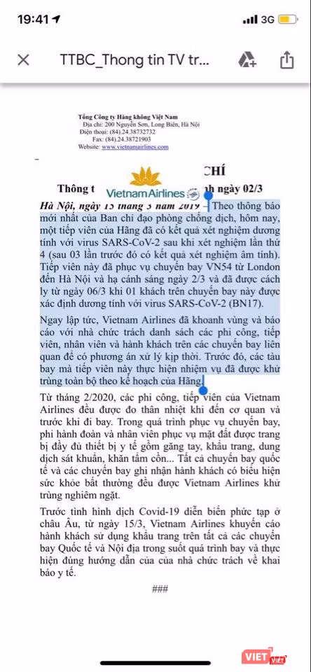 Vietnam Airlines thông tin về trường hợp nữ tiếp viên mắc COVID-19. Ảnh: Minh Thúy