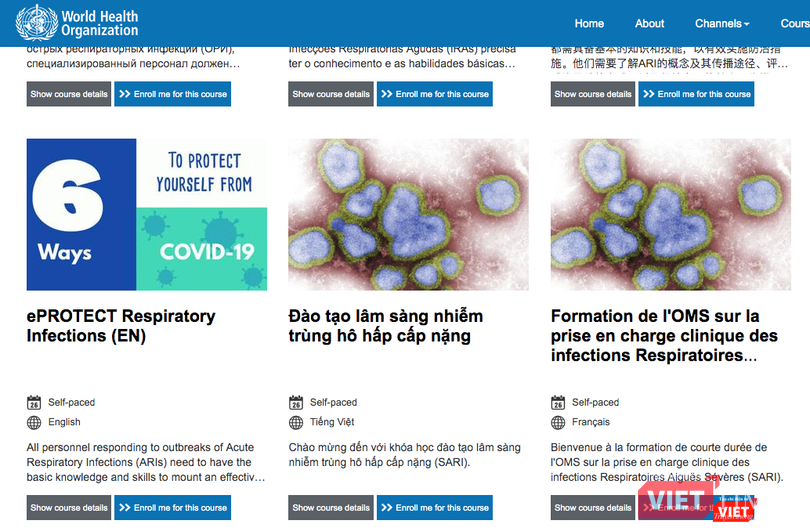 Khóa học bằng tiếng Việt trên trang WHO. Ảnh: Minh Thúy