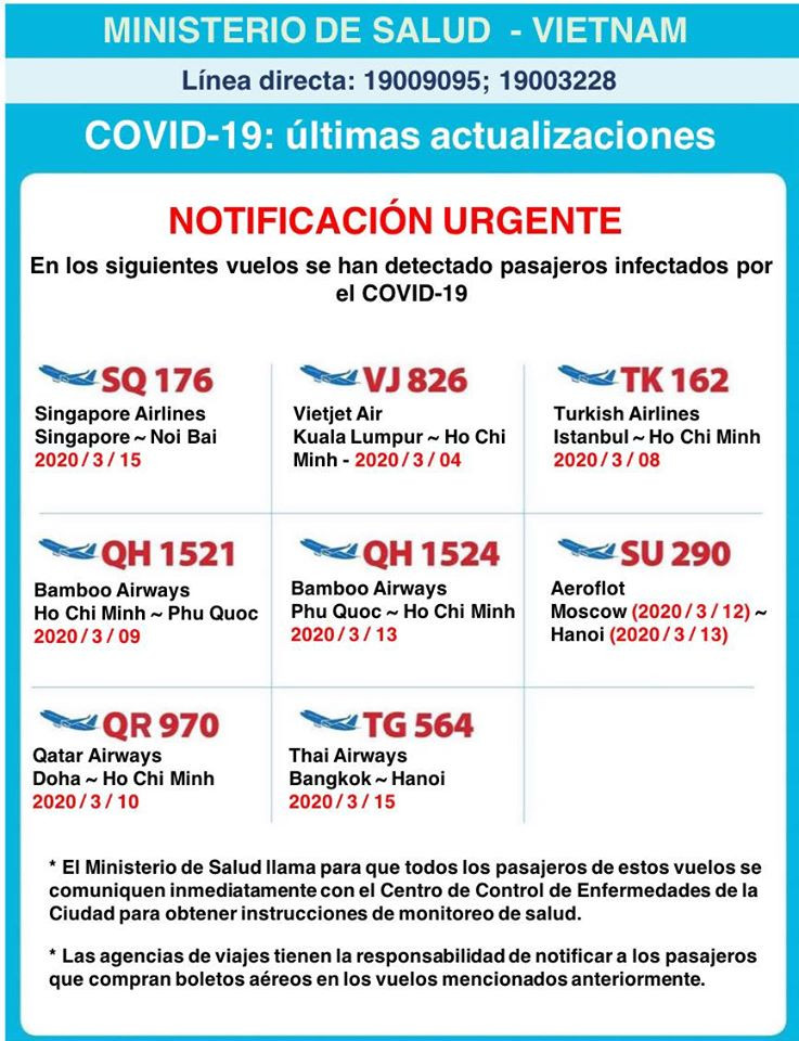 Thông báo của Bộ Y tế bằng tiếng Tây Ban Nha. Ảnh: Vũ Mạnh Cường