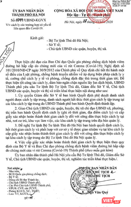 Công văn hỏa tốc về việc cách ly các trường hợp có yếu tố liên quan đến COVID-19