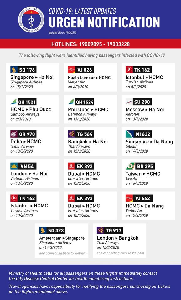 Thông báo 17 chuyến bay có hành khách mắc COVID-19 bằng tiếng Anh. Ảnh: Tuấn Dũng -BYT