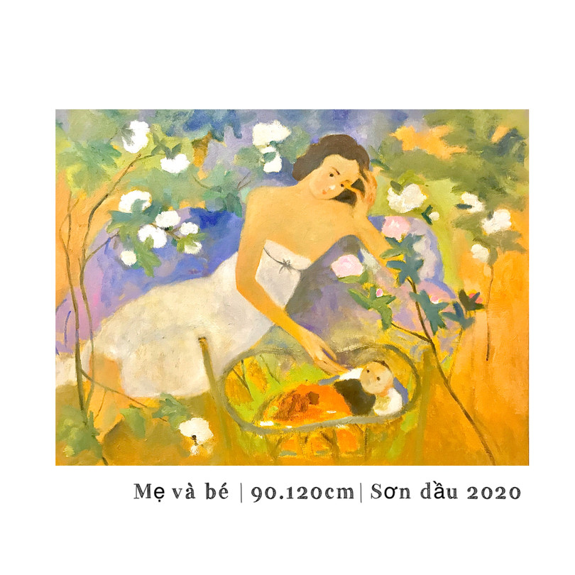 "Mẹ và bé" tranh sơn dầu của họa sĩ Nguyễn Minh (béo). Ảnh: HSCC