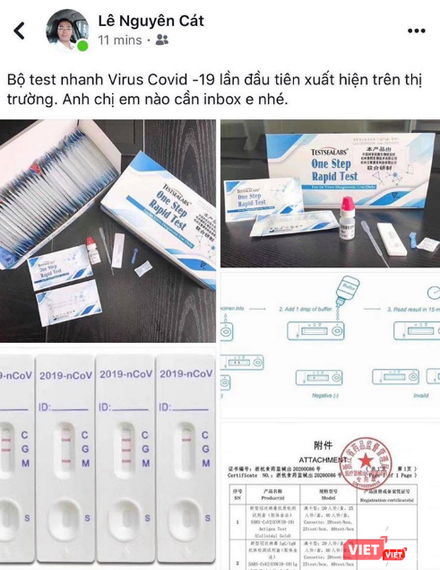 Một trang Facebook thông tin về bộ test nhanh virus COVID-19. Ảnh: Minh Thúy