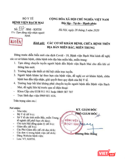 Công văn khẩn về việc tạm dừng tiếp nhận người bệnh của Bệnh viện Bạch Mai. Ảnh: Minh Thúy