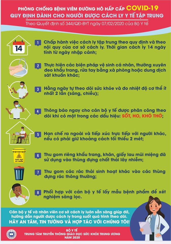 Khuyến cáo phòng, chống bệnh viêm đường hô hấp cấp dành cho người được cách ly y tế tập trung. Ảnh: BYT