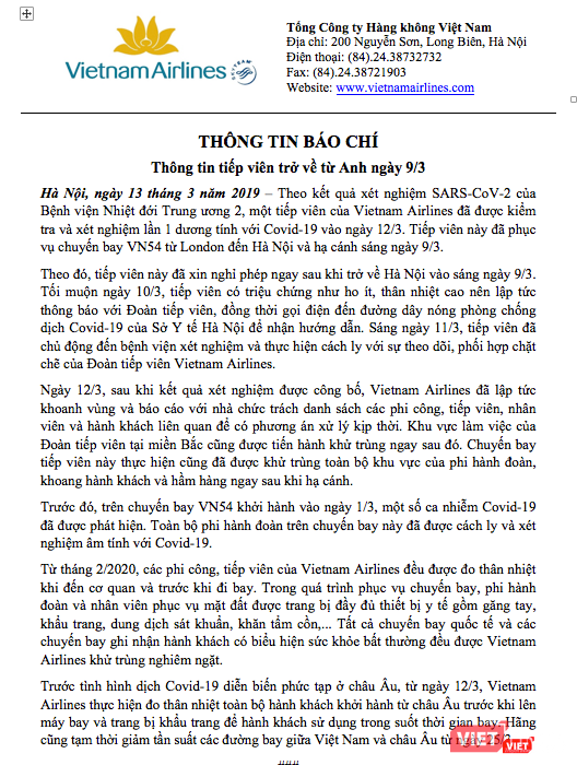 Thông tin báo chí về tiếp viên hàng không về từ Anh của Vietnam Airlines.