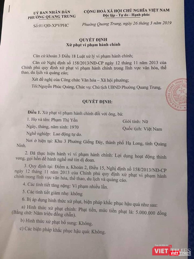 Xử phạt hành chính ban đầu với bà Phạm Thị Yến số tiền 5 triệu đồng.