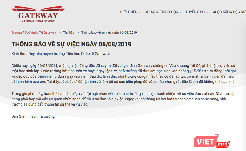 Thông báo về sự việc của Ban Giám hiệu Trường Tiểu học Quốc tế Gateway Thông báo về sự việc của Ban Giám hiệu Trường Tiểu học Quốc tế Gateway