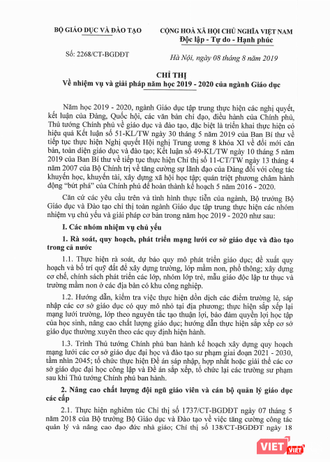 Chỉ thị số 2268/CT-BGDĐT về nhiệm vụ và giải pháp năm học 2019 - 2020 của ngành Giáo dục Chỉ thị số 2268/CT-BGDĐT về nhiệm vụ và giải pháp năm học 2019 - 2020 của ngành Giáo dục