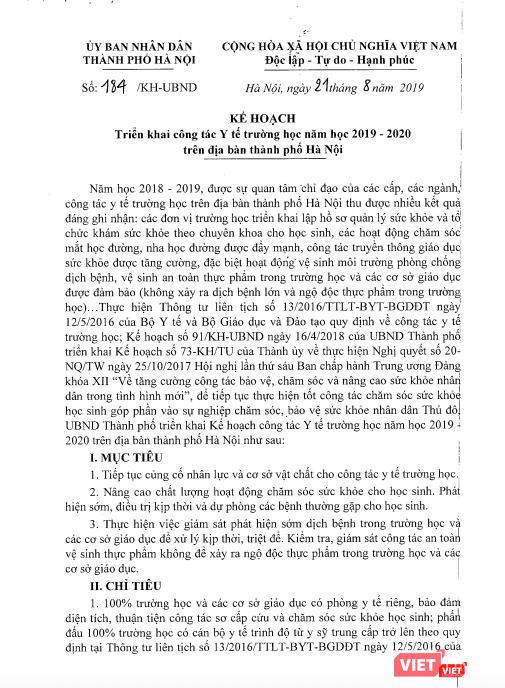 Kế hoạch triển khai công tác y tế trường học năm học 2019-2020 trên địa bàn Hà Nội.