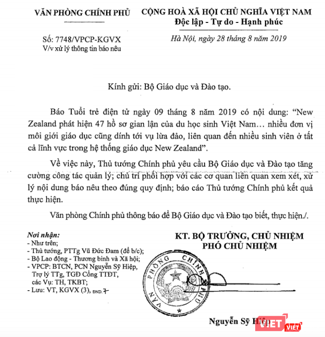 Công văn số: 7748/VPCP-KGVX về xử lý thông tin báo nêu