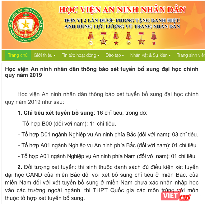 Thông báo xét tuyển bổ sung của Học viện An ninh nhân dân