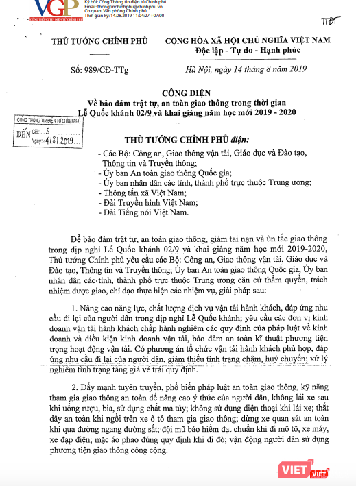 Công điện số 989/CĐ-TTg về bảo đảm trật tự, an toàn giao thông trong thời gian Lễ Quốc khánh 2/9 và khai giảng năm học mới 2019 - 2020.